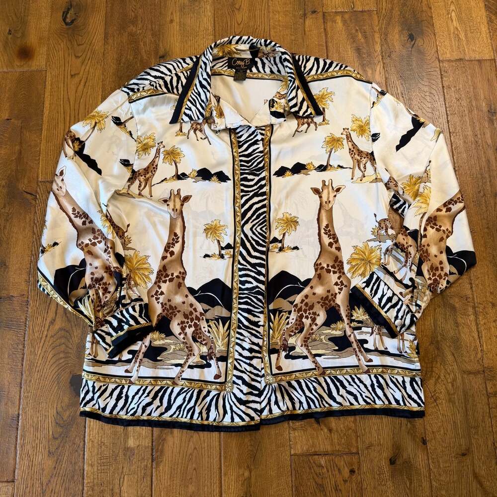 VTG Corey B New York 100% Silk Blouse Womens 16 Gold Giraffe Zebra print 80s